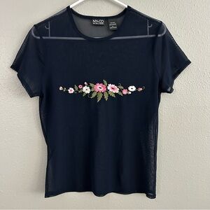 NY&CO Navy Blue Sheer Mesh Floral Embroidered Top Size L Fairy Whimsy Y2K 90s